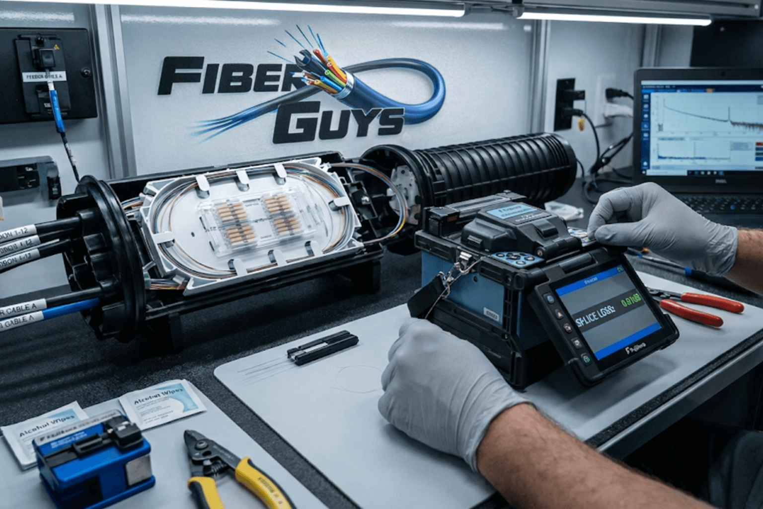Fiber Guys technician performing precision fusion splicing with organized tray and OTDR testing